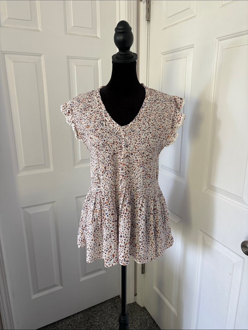 THML Ivory Multicolor Floral Peplum Blouse with Flutter Sleeves